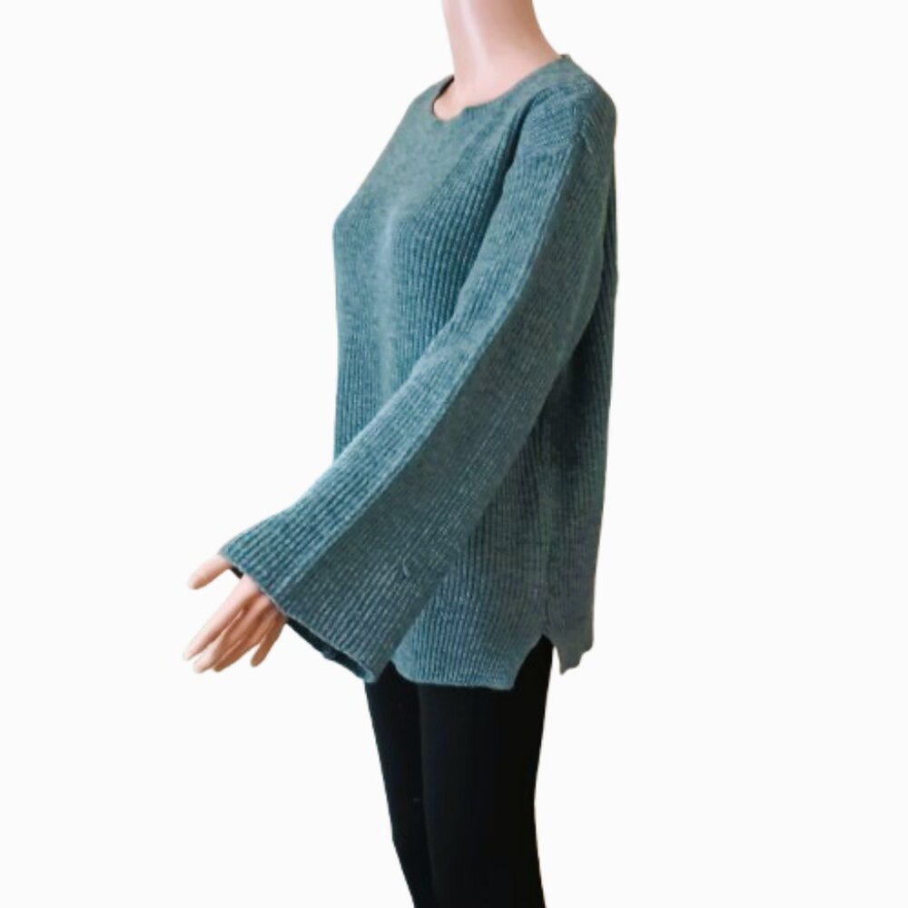 Gray Ribbed Crew Neck Sweater 1XL/2XL Wide Sleeves Side Slits Stretch Fall